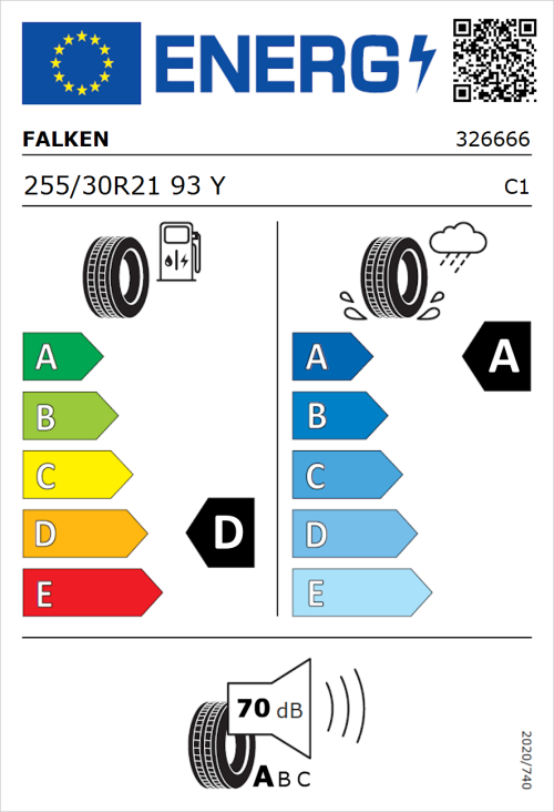 Tyre Label for Falken Azenis FK510 255/30R21 93Y