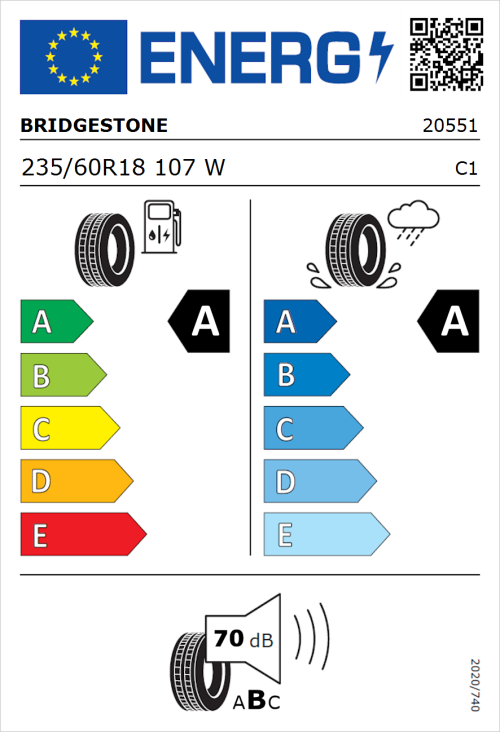 Tyre Label for Bridgestone Turanza 6 235/60R18 107W