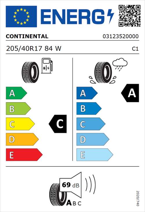 Tyre Label for Continental UltraContact 205/40R17 84W